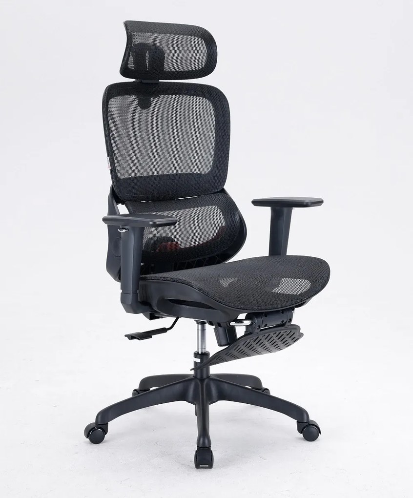 Scaun ergonomic SIHOO B100, Suport lombar dinamic cu ajustare automata, Cotiere 4D, Tetiera 3D, Mecanism multifunctional inclinare/blocare in 3 pozitii, Suport picioare, Mesh, Negru