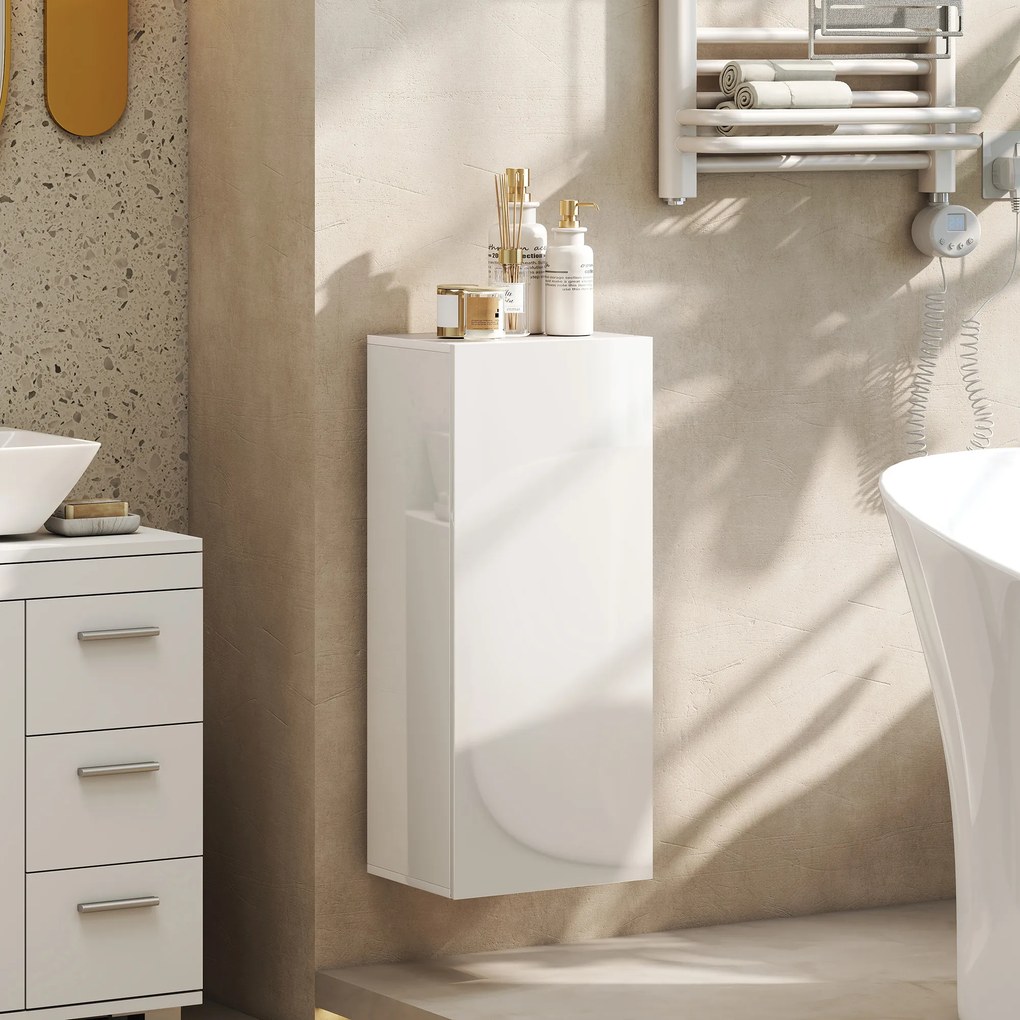 HOMCOM Dulap de Baie Suspendat cu Ușă Fără Mâner, 2 Rafturi Reglabile din Sticlă, Mobilier Suspendat Multifuncțional, 30x23,4x71,2 cm, Alb Lucios | Aosom Romania