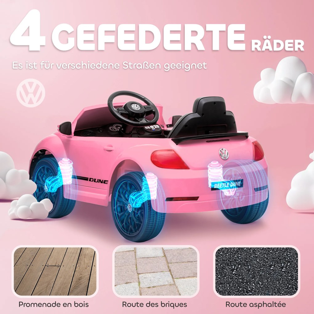 AIYAPLAY Mașină electrică pentru copii, VW Beetle, 3-5 km/h, cu telecomandă & muzică, roz | Aosom Romania