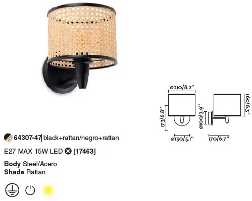 Aplica de perete moderna design natural MAMBO negru/ratan 64307-47