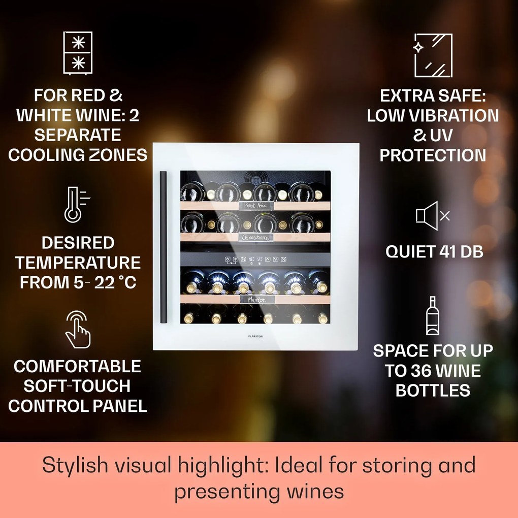 Klarstein Vinsider 36 Quartz Edition, frigider pentru vin, 2 zone de răcire, 5-22 °C, 85 l