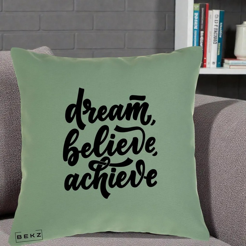 Perna Decorativa Dream Believe Achieve, 40x40 cm, Verde, Husa Detasabila, Perna Inclusa, BEKZ®