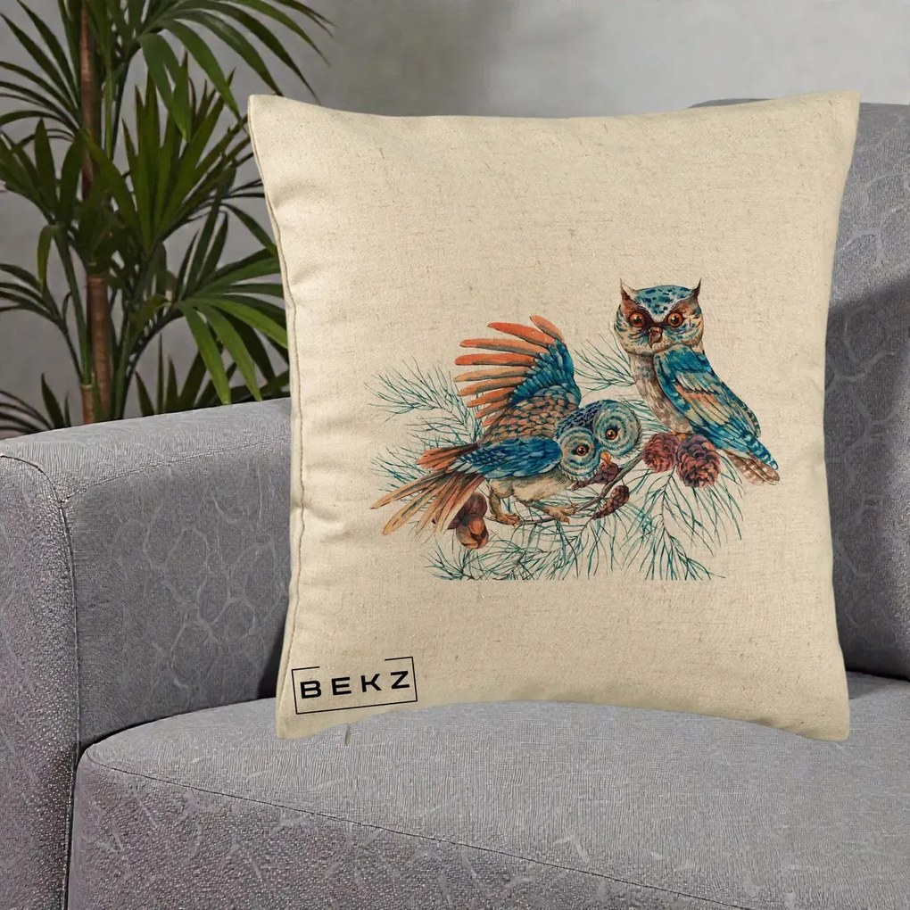 Perna Decorativa Bufnite de Iarna Albastre, 40x40 cm, Bej, Husa Detasabila, Perna Inclusa, BEKZ®