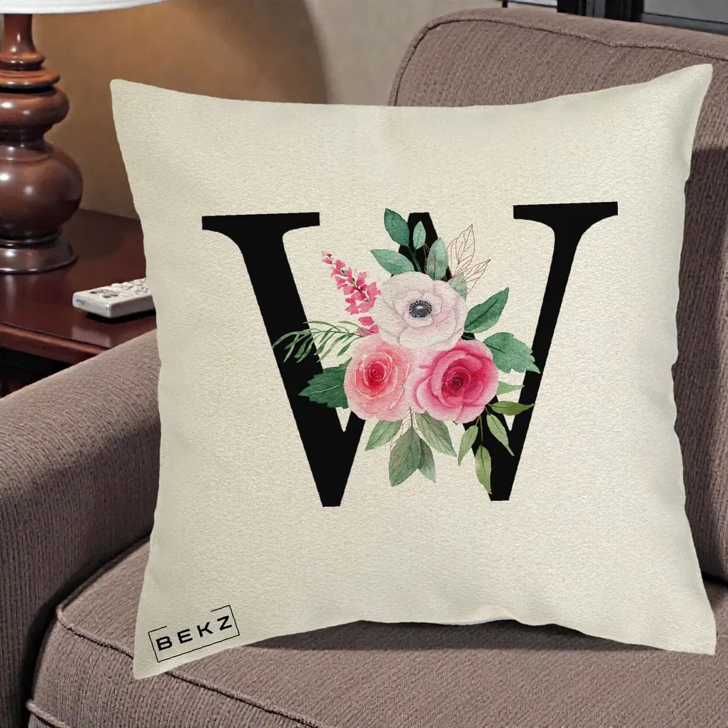 Cadou Personalizat - Perna Personalizata Monograma Florala Litera W cu Trandafiri si Anemona, 40x40 cm, Ecru, Husa Detasabila, Perna Inclusa, BEKZ®