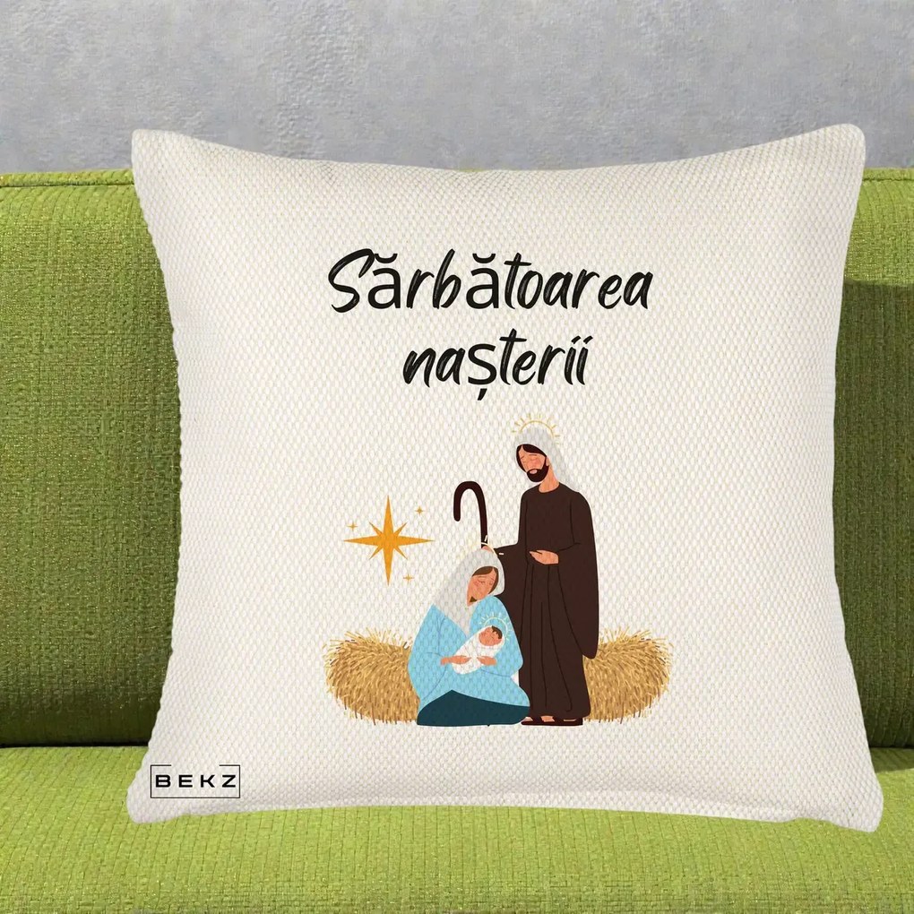 Perna Decorativa Nasterea Domnului Sfanta Familie Sarbatoarea Nasterii, 40x40 cm, Crem Reliefat, Husa Detasabila, Perna Inclusa, BEKZ®