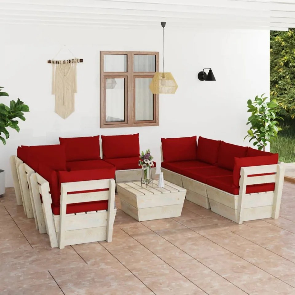 Set mobilier grădină paleți, 9 piese, cu perne, lemn de molid