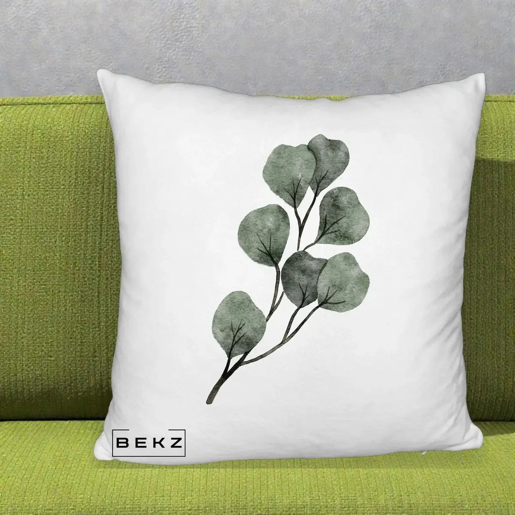 Perna Decorativa Ramura Eucalipt Acuarela, 40x40 cm, Alb Pufos, Husa Detasabila, Perna Inclusa, BEKZ®