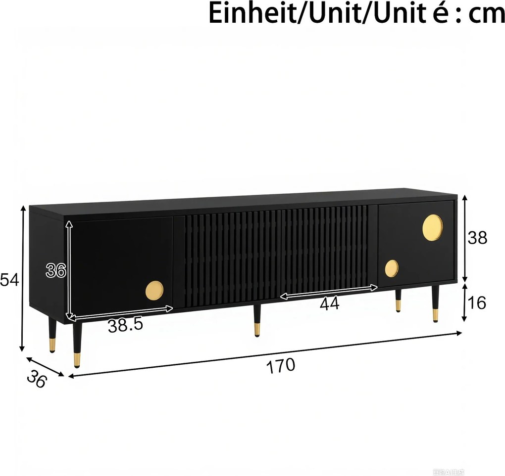 Comodă TV cu front din plasă metalică și accente aurii, 4 uși, 170x36x54 cm, Negru