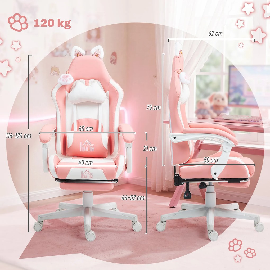 HOMCOM Scaun de Gaming Ergonomic cu Urechi de Pisică, Suport pentru Picioare și Suport Lombar, 65x62x116-124 cm, Roz | Aosom Romania