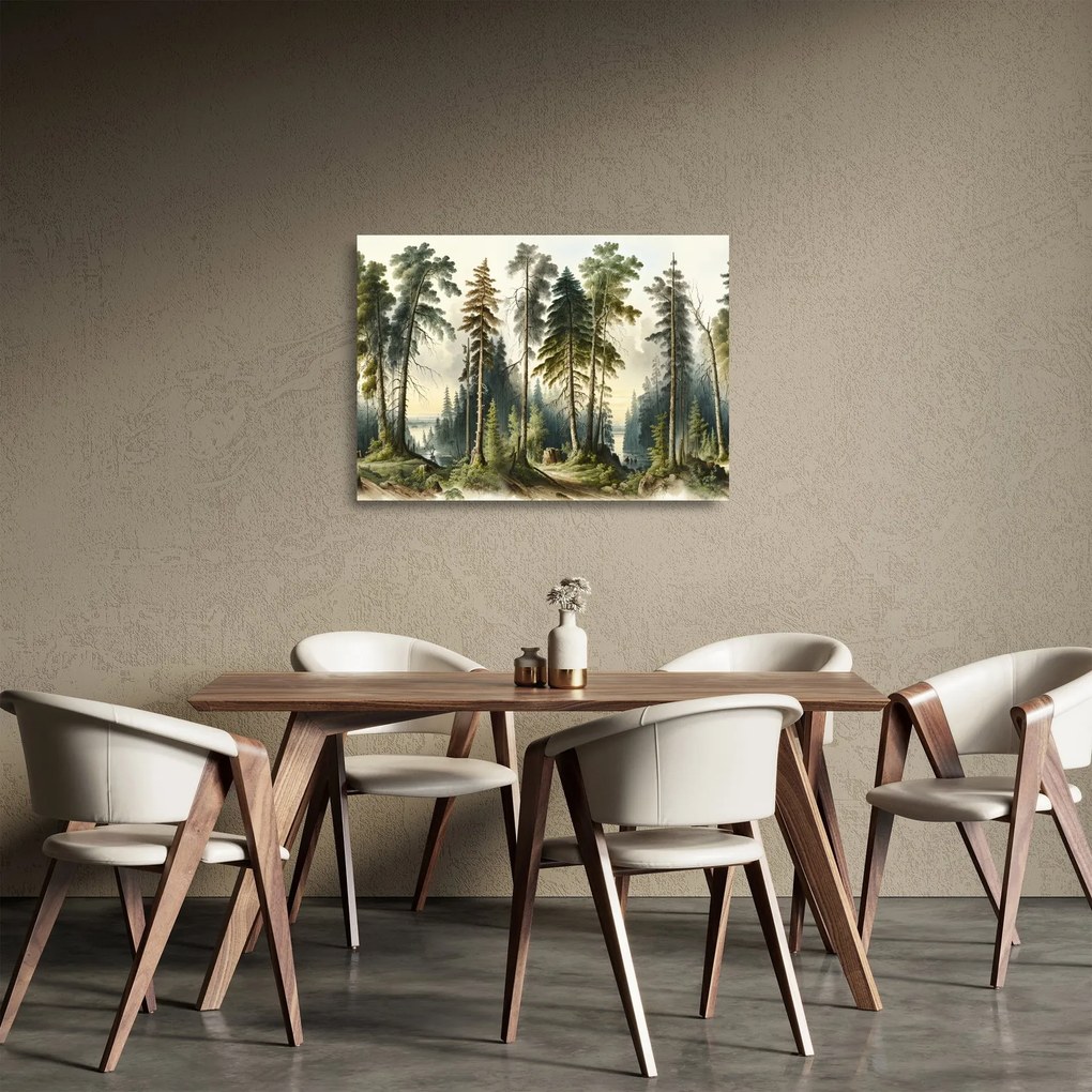 Tablou pe sticlă - Peisaj de epocă de păduri (70x50 cm)