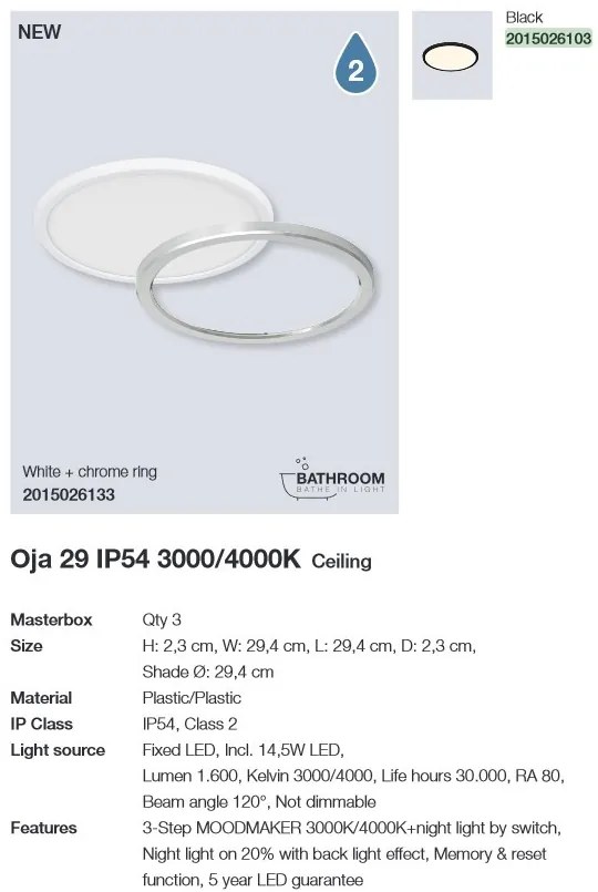 Plafoniera LED design silm IP54 baie Oja 29 negru 3000-4000K 2015026103 NL