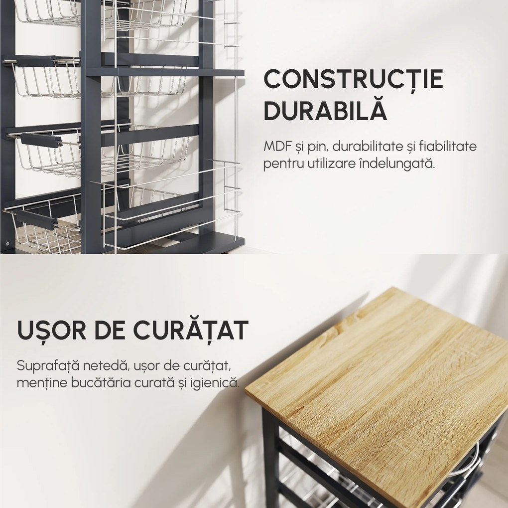 HOMCOM Cărucior de Bucătărie Gri Închis, 1 Sertar, 4 Coșuri Metalice, 2 Etajere, MDF, Lemn de Pin, Metal, 47x37x83cm | Aosom Romania