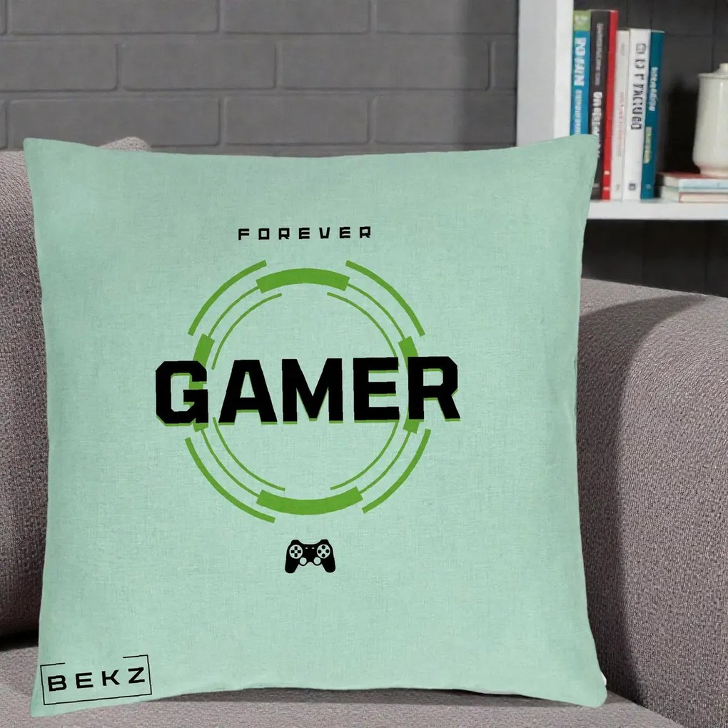 Perna Personalizata Forever Gamer, 40x40 cm, Verde Menta, Husa Detasabila, Perna Inclusa, BEKZ®
