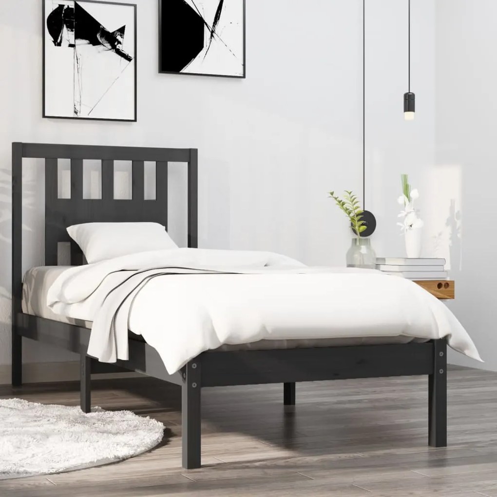 3104025 vidaXL Cadru de pat mic single, gri, 75x190 cm, lemn masiv