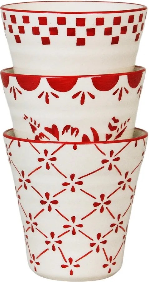 Cană din ceramică artizanală, natur, cu motive florale pictate manual roșu și bordură decorativă, fără mâner, 10×10 cm, „Marion"