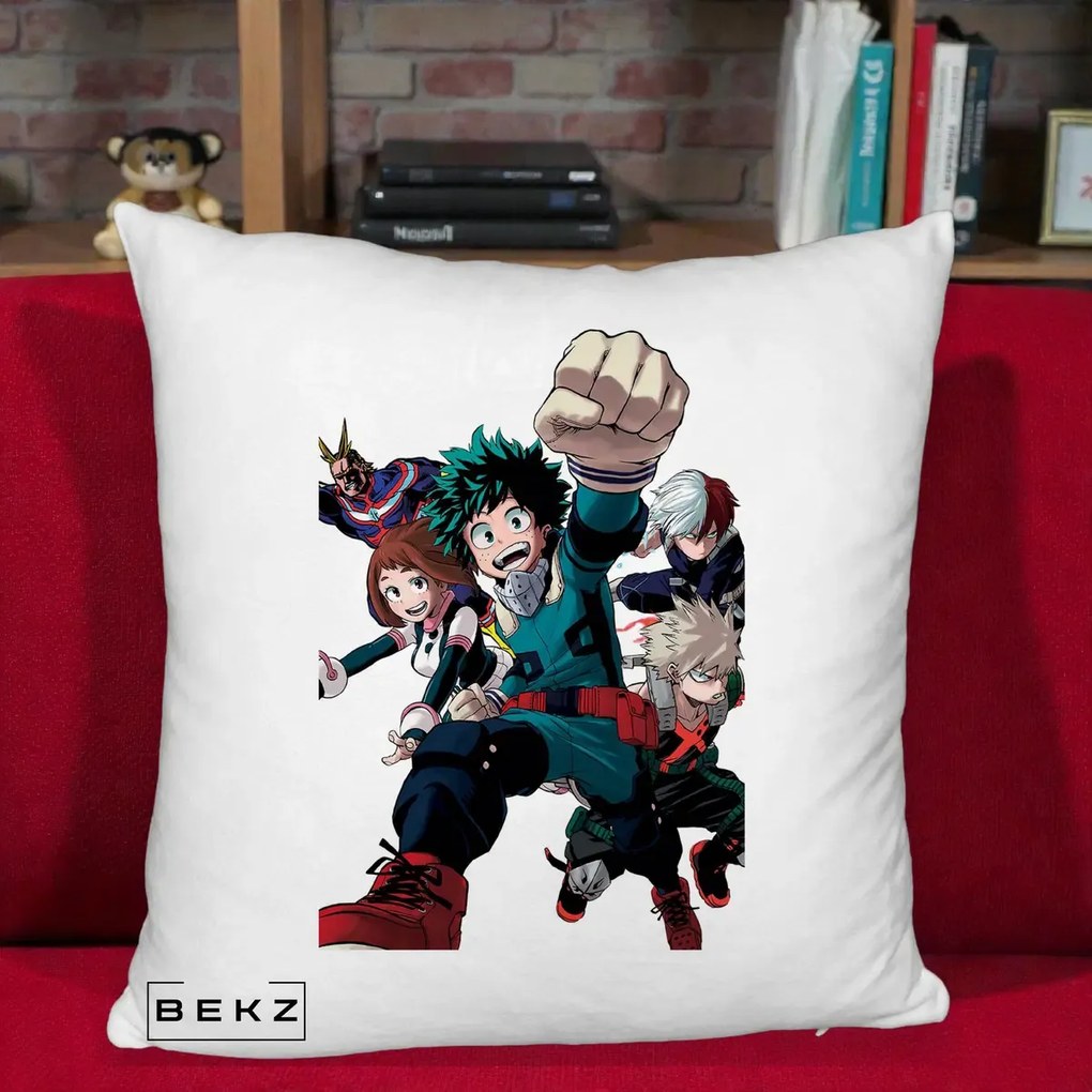 Perna Personalizata My Hero Academia Izuku Deku si Echipa, 40x40 cm, Alb Pufos, Husa Detasabila, Perna Inclusa, BEKZ®