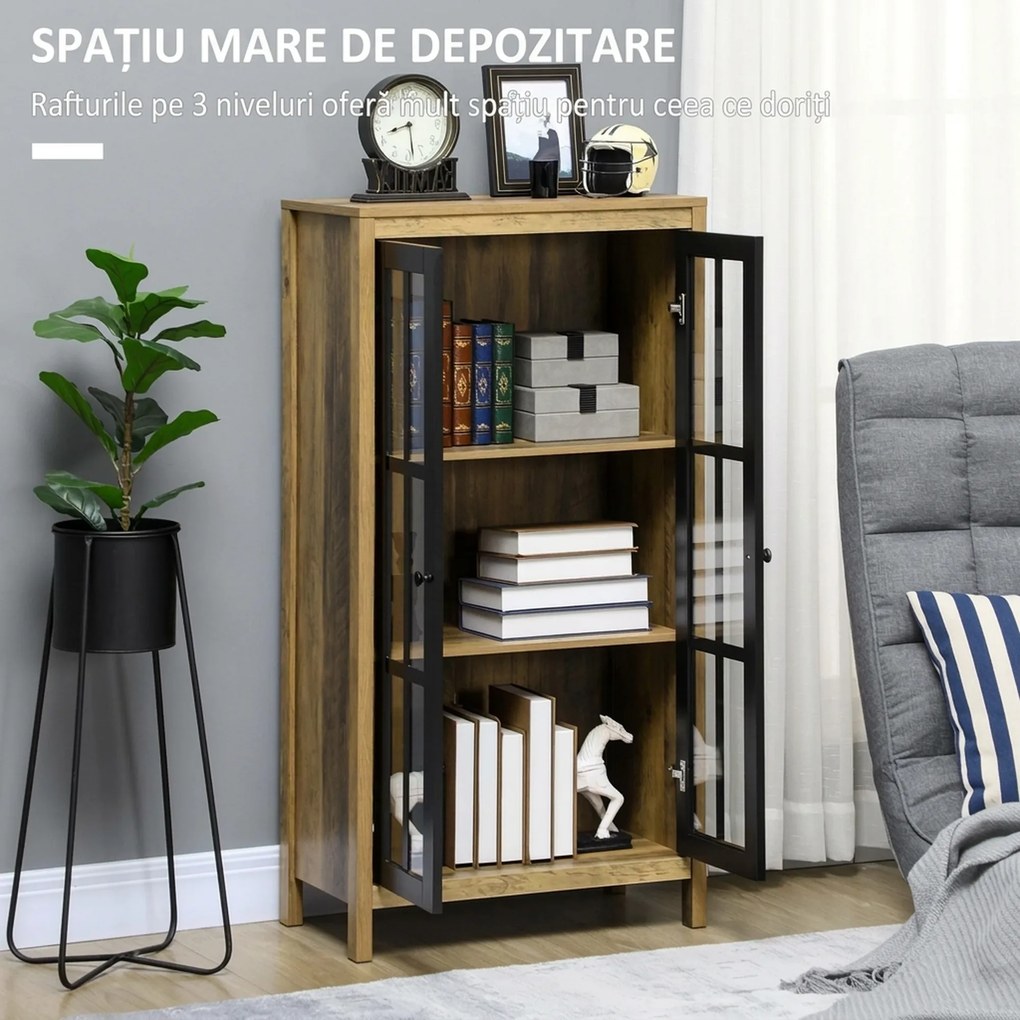 HOMCOM Dulap pentru Bucătărie Modern cu Uși din Sticlă, Ideal pentru Sufragerie și Birou, Design Contemporan, Maro | Aosom Romania