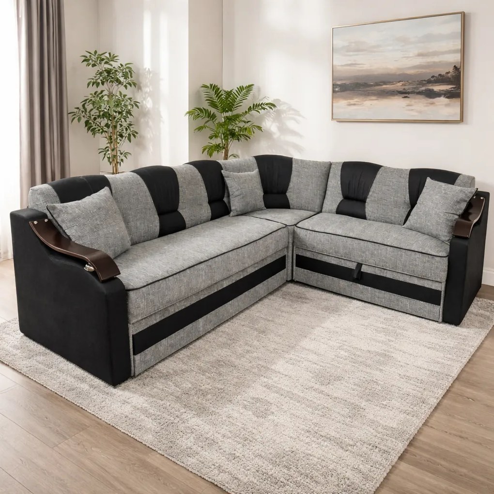 Coltar VALAHIA extensibil, lada de depozitare, stofa gri inchis cu gri deschis, 270x220x90 Gri + Negru