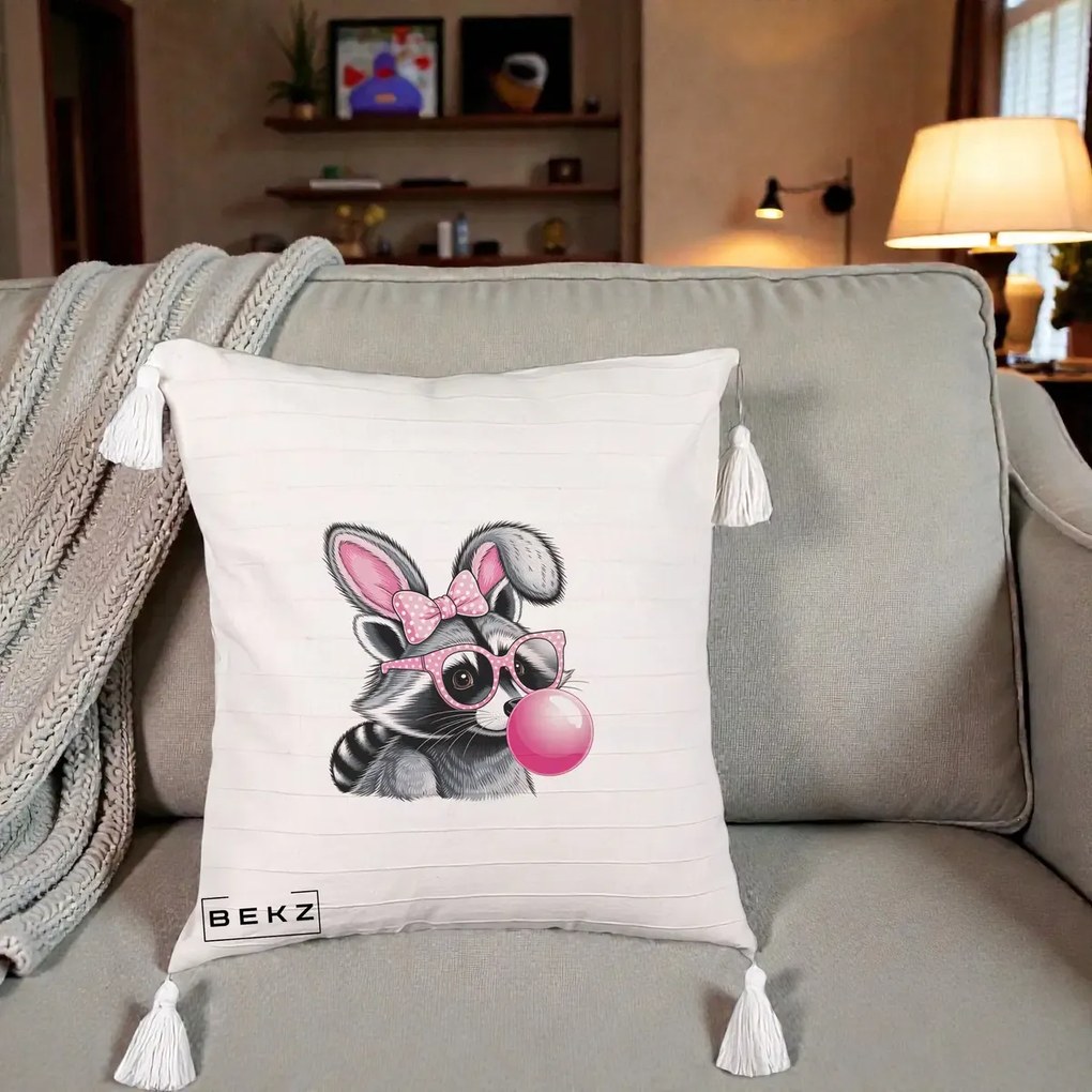 Perna Decorativa Raton cu Urechi de Iepure si Guma de Mestecat, 40x40 cm, Bej cu Franjuri, Husa Detasabila, Perna Inclusa, BEKZ®