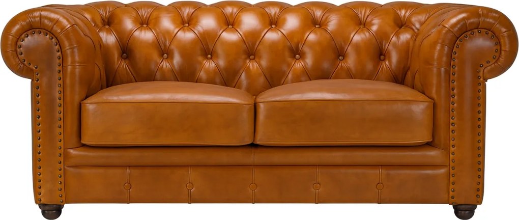 Canapea Chesterfield 2 locuri din piele naturală maro deschis, cu ținte decorative și picioare strunjite negre, 75 x 180 x 97 cm, „Classic Chic”