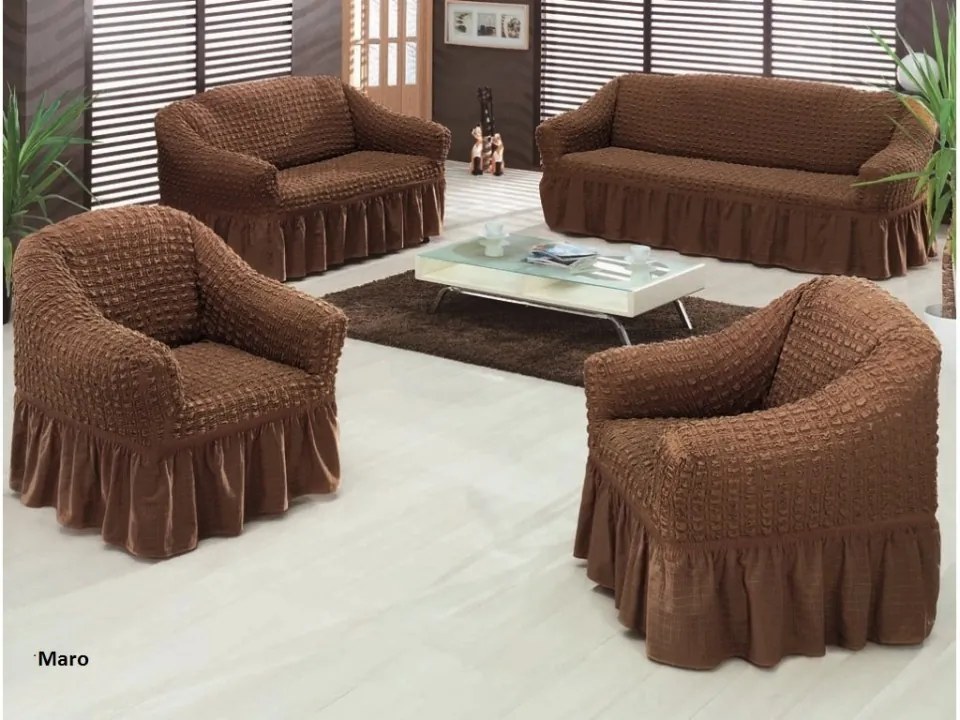 Set huse elastice si creponate pentru canapea 3 locuri, canapea 2 locuri si 1 fotoliu, cu volanas, Maro