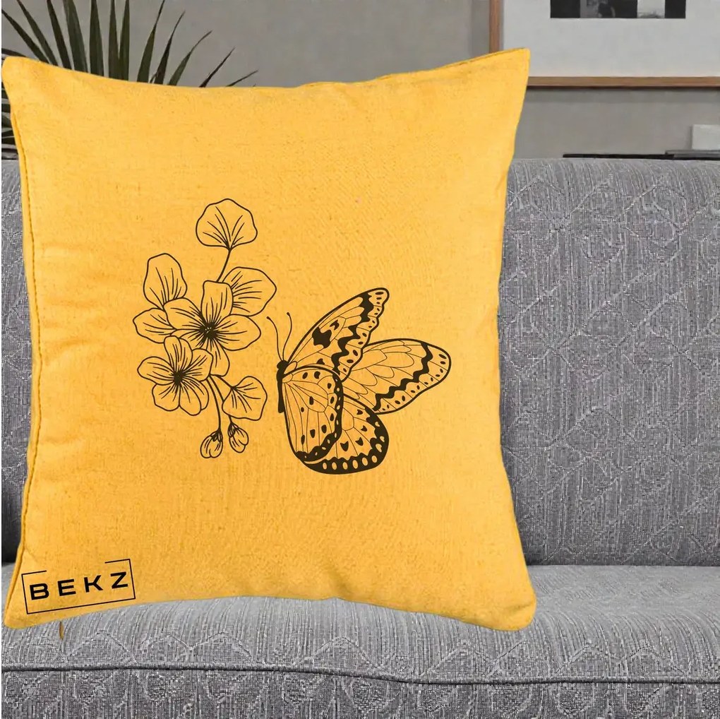 Perna Decorativa Fluture si Flori Linie Monocroma, 40x40 cm, Galben, Husa Detasabila, Perna Inclusa, BEKZ®