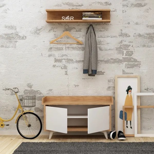 Cuier de perete ARASSO 18,8x80 cm + pantofar 60x90 alb/maro