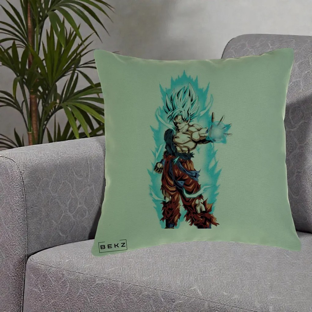 Perna Personalizata Dragon Ball Goku Ultra Instinct Blue, 40x40 cm, Verde, Husa Detasabila, Perna Inclusa, BEKZ®