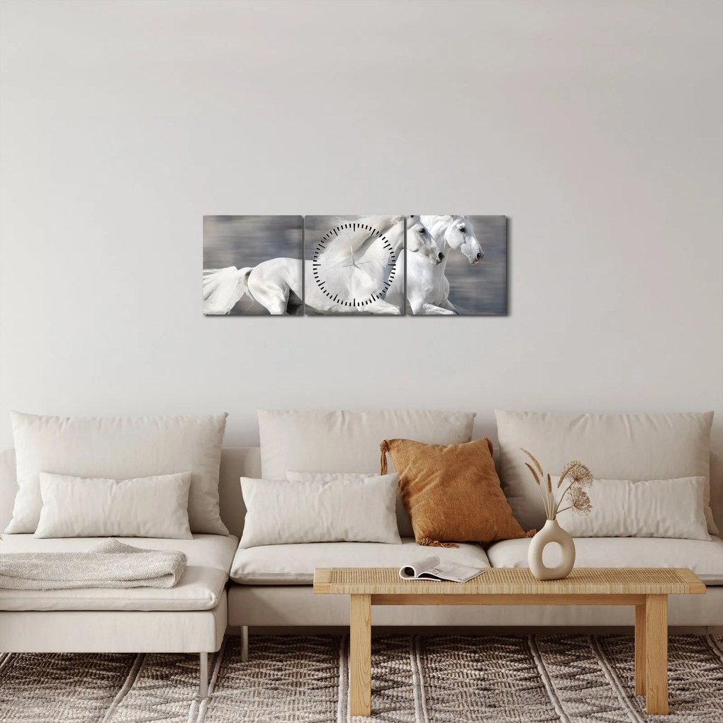 Tablou - Cai albi în timpul iernii (cu ceas) (90x30 cm)