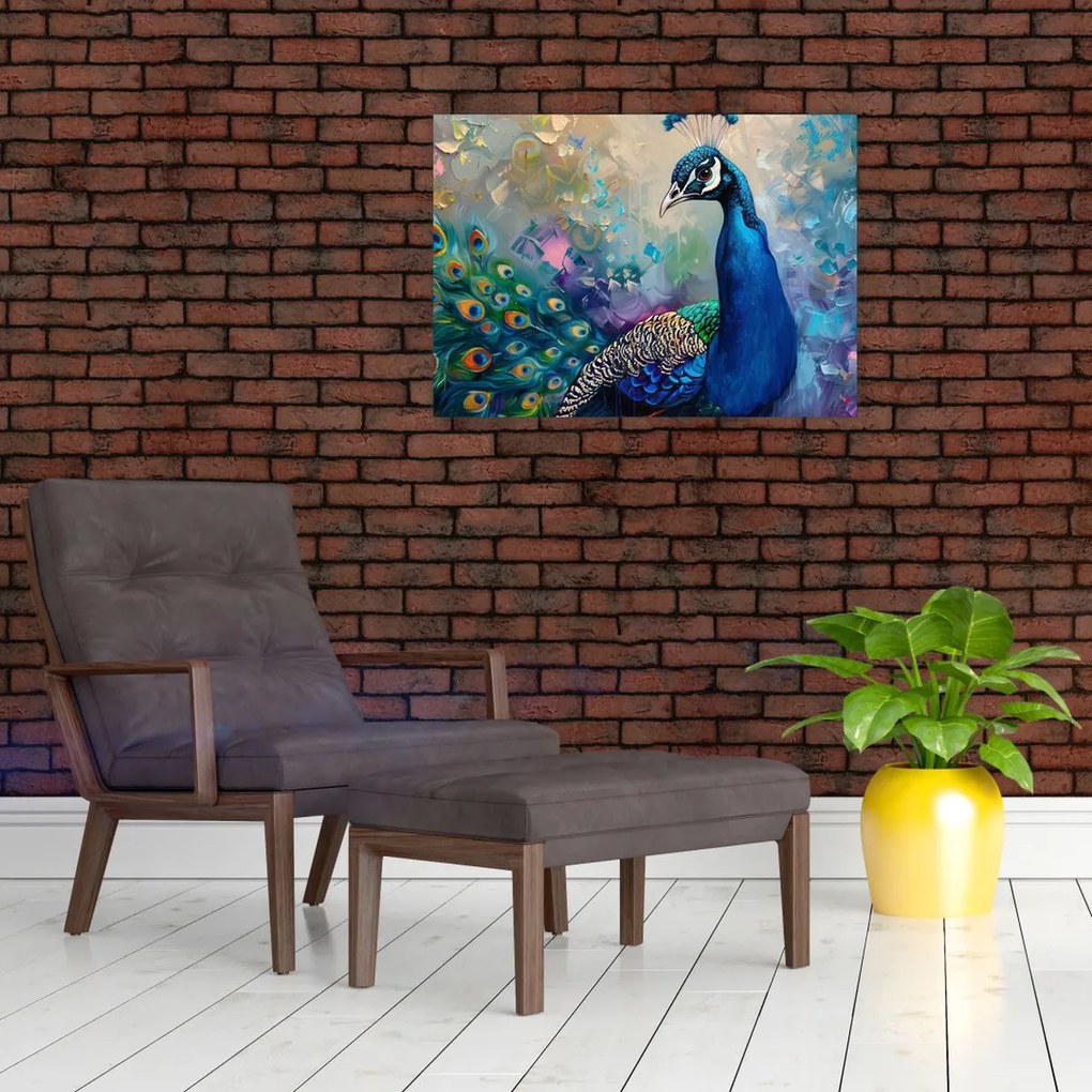Tablou pe sticlă - Pictura de un păun (70x50 cm)