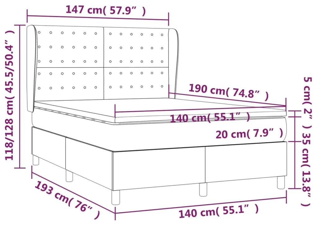 Pat box spring cu saltea, gri inchis, 140x190 cm, textil Morke gra, 140 x 190 cm, Nasturi de tapiterie