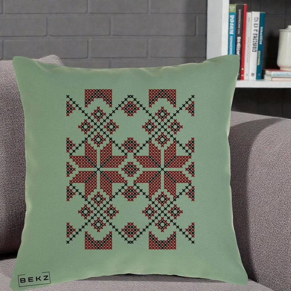 Perna Personalizata Motiv Traditional Cusatura Rosu-Negru, 40x40 cm, Verde, Husa Detasabila, Perna Inclusa, BEKZ®