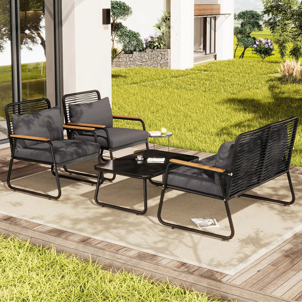 Set de lounge pentru grădină pentru 4 persoane, cu canapea dublă, 2 canapele individuale și 1 măsuță de cafea, Negru