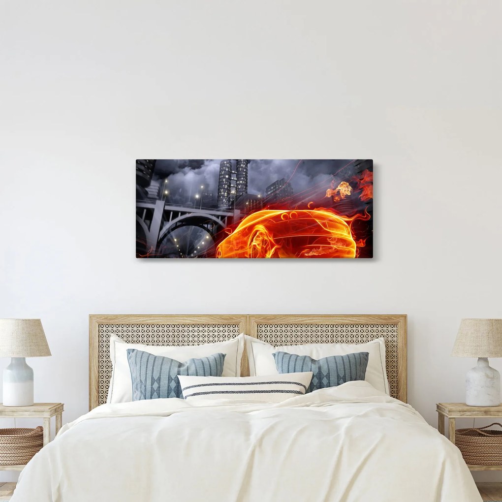 Tablou cu mașina în flăcărată (120x50 cm)