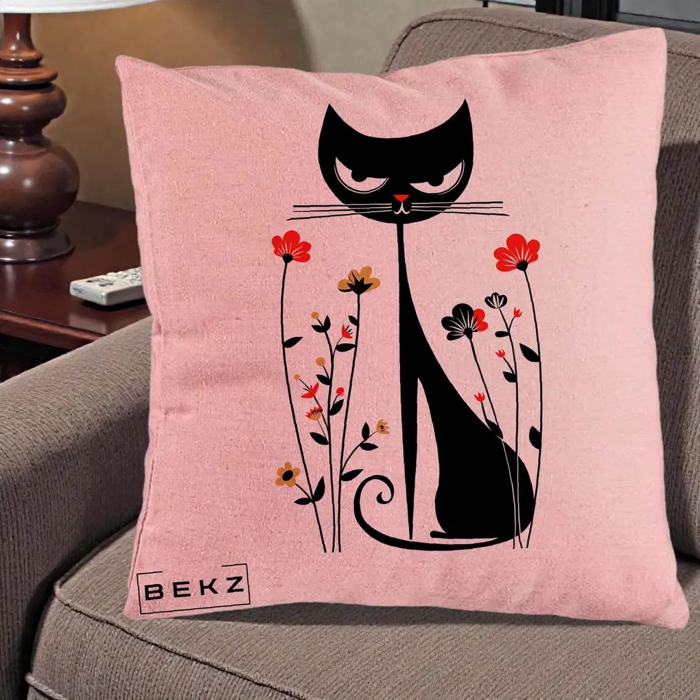 Perna Decorativa Pisica Neagra Grafica Flori Rosii, 40x40 cm, Roz, Husa Detasabila, Perna Inclusa, BEKZ®
