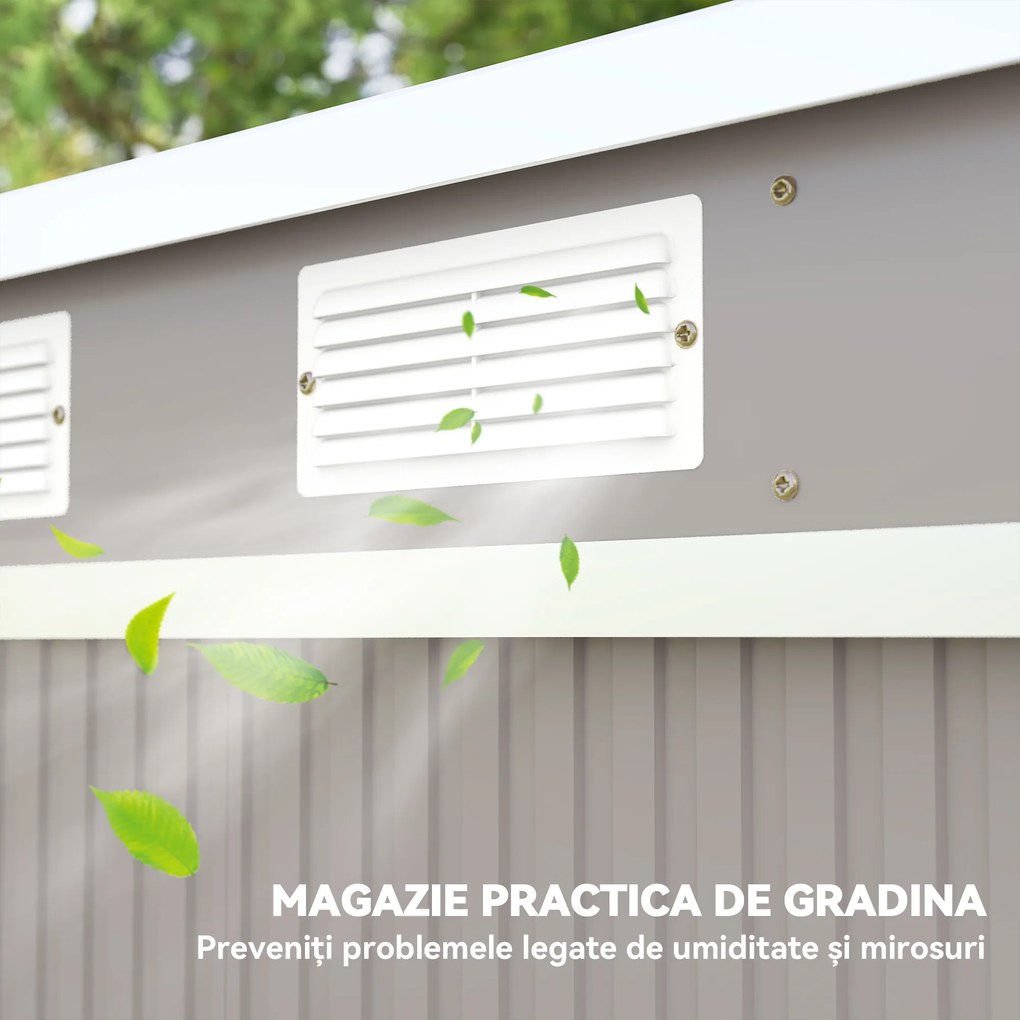 Outsunny Magazie de Grădină pentru Unelte cu Acoperiș Înclinat, Intrare Dublă și Prize de Aerisire, 213x130x172 cm, Gri | Aosom Romania