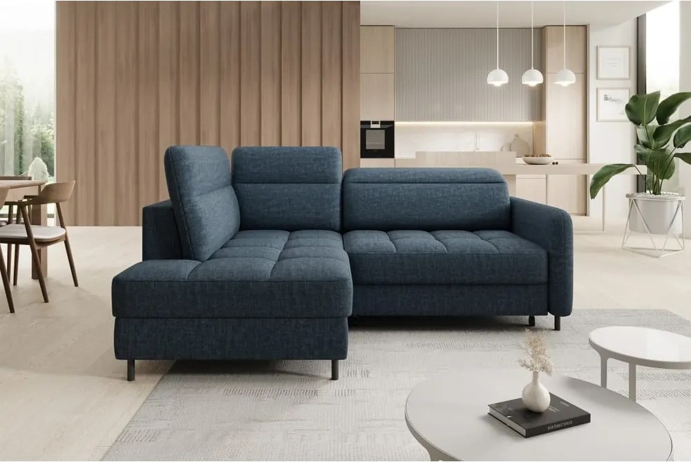 Colțar albastru extensibil/cu spațiu de depozitare cu tapițerie din catifea (cu colț pe partea stângă/în formă de ”L”) Barea – ELTAP