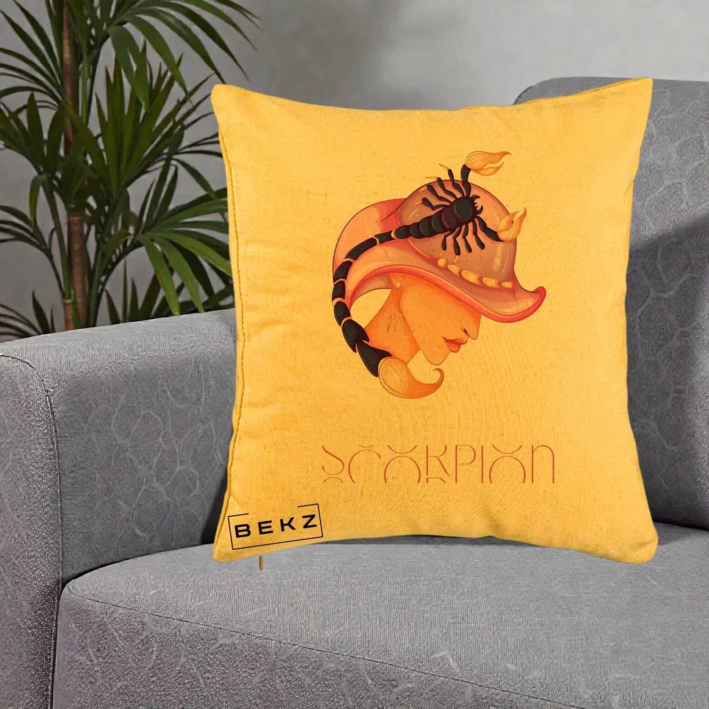 Perna Personalizata Zodiac Scorpion Cowgirl, 40x40 cm, Galben, Husa Detasabila, Perna Inclusa, BEKZ®