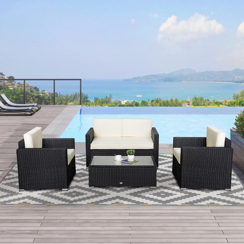 Outsunny Set Mobilier pentru Grădină 4 Piese din Rattan și Oțel Canapea Fotolii și Masă de Cafea Design Modern Crem | Aosom Romania