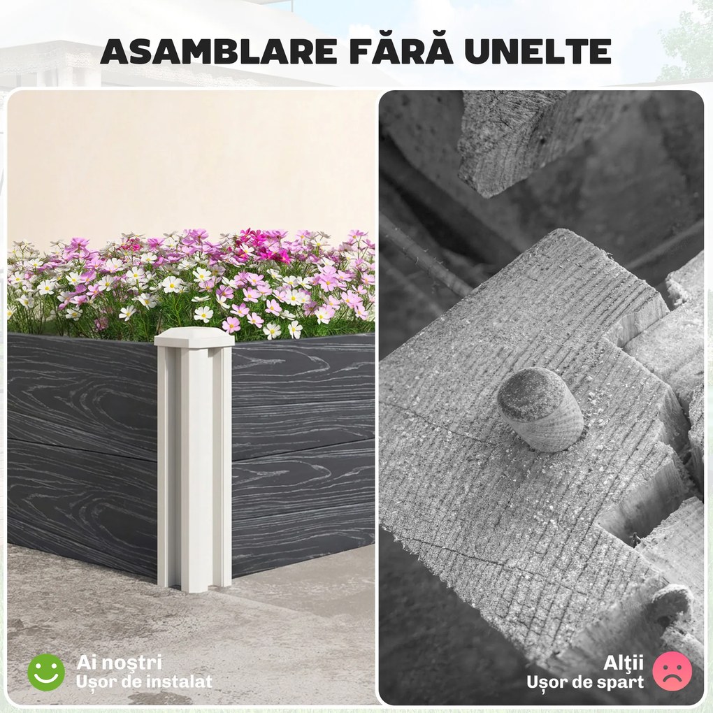 Outsunny Pat Înălțat de Grădină din Vinil, 102x102x33 cm, Kit Modular cu Picioare Interconectabile și Fund Deschis, Jardinieră pentru Flori, Ierburi și Legume, Gri Închis | Aosom Romania