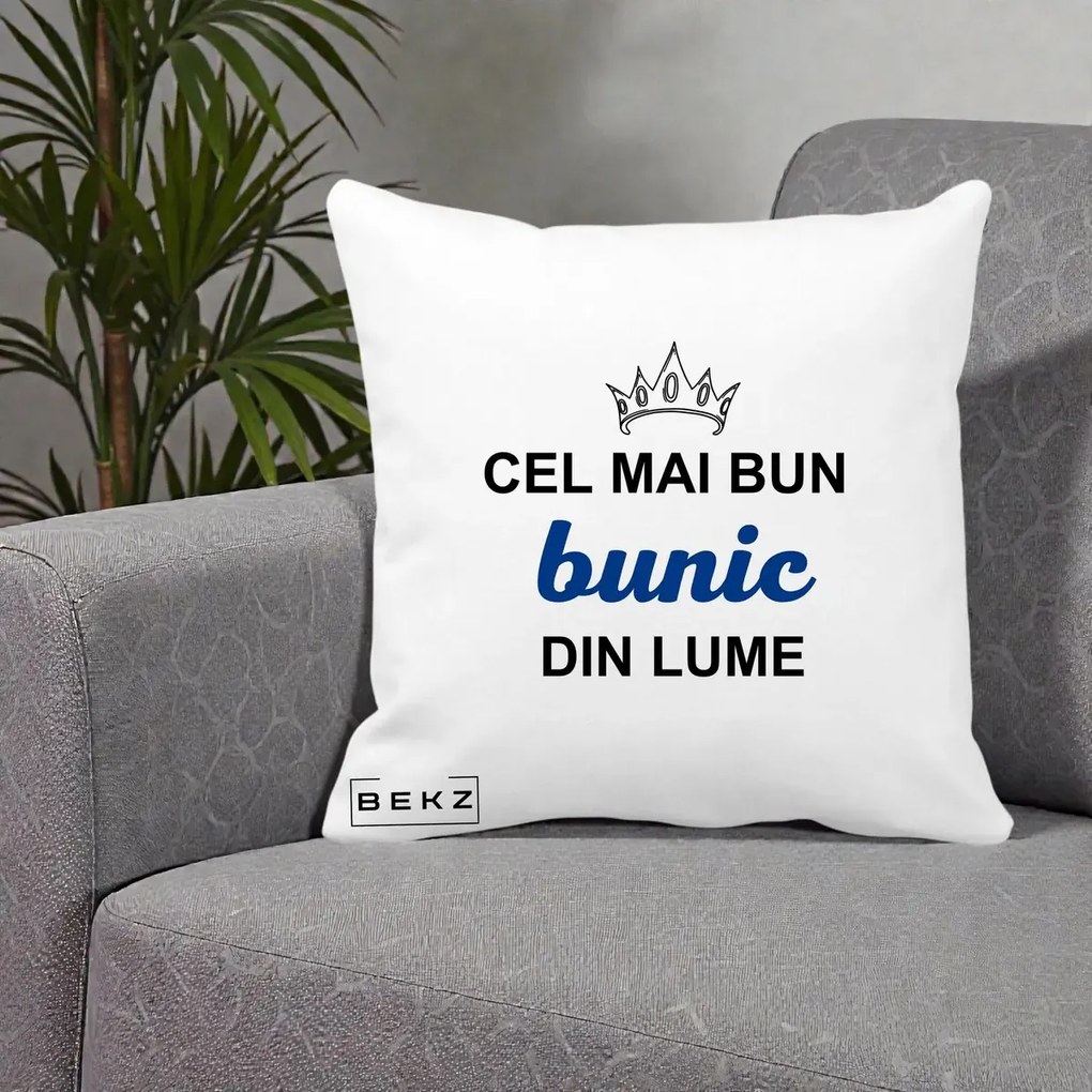 Cadou pentru Bunic - Perna Personalizata Cel Mai Bun Bunic Din Lume Coroana Albastra, 40x40 cm, Alba Mata, Husa Detasabila, Perna Inclusa, BEKZ®