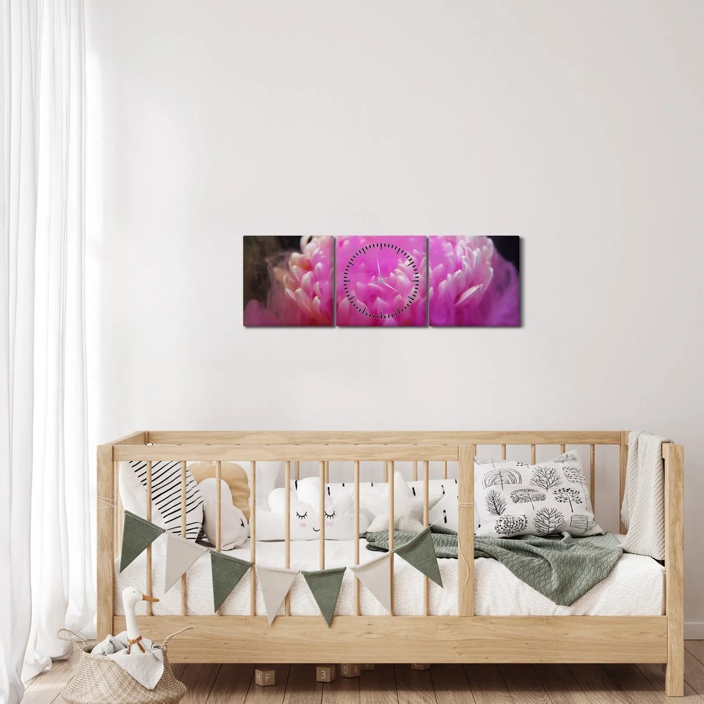 Tablou cu floare în fum roz (cu ceas) (90x30 cm)