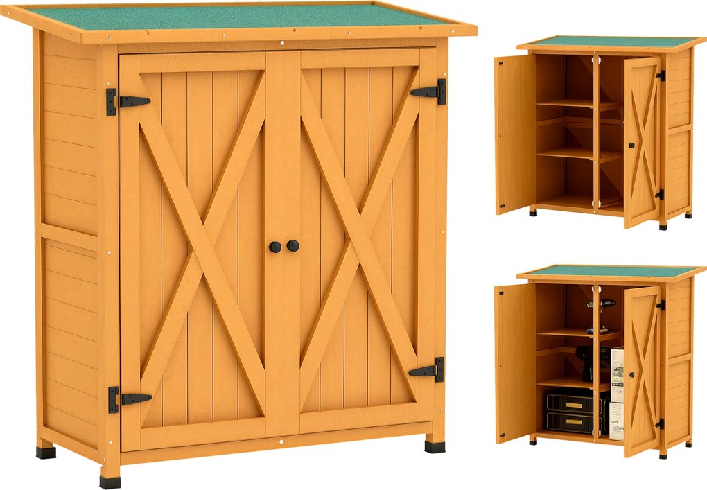 Outsunny Dulap de grădină, șură pentru unelte din lemn, dulap rezistent la intemperii cu 2 uși acoperiș din asfalt 110 x 55 x 117 cm, Galben | Aosom Romania