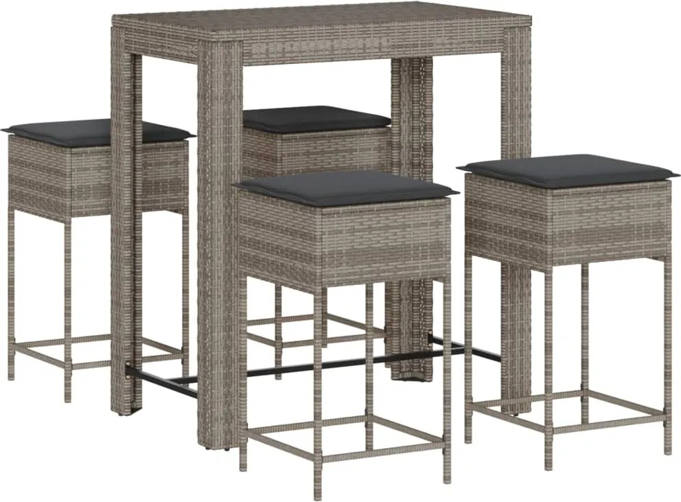 vidaXL Set mobilier bar de grădină, cu perne, 5 piese, gri, poliratan
