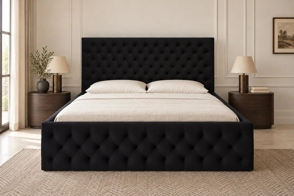 Pat tapițat Monza Deluxe 120×200 cm, negru, cu ladă de depozitare