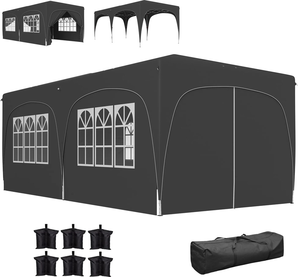 Outsunny Tonelă pliabilă 3 x 6 m Pop-Up, UPF50+ Înălțime reglabilă, cu sac de transport și saci de nisip, gri închis | Aosom Romania