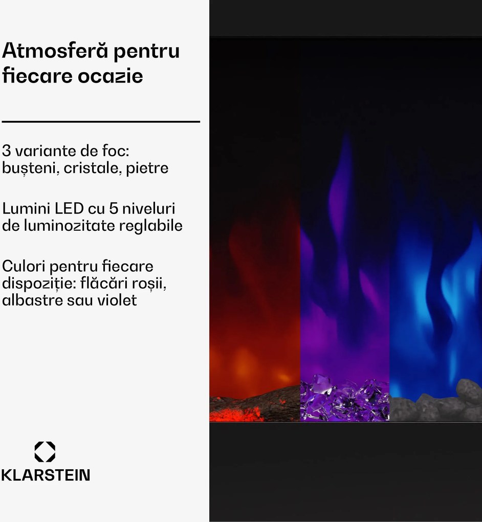 Klarstein Galeras 152, șemineu electric de perete, 1800 W, LED