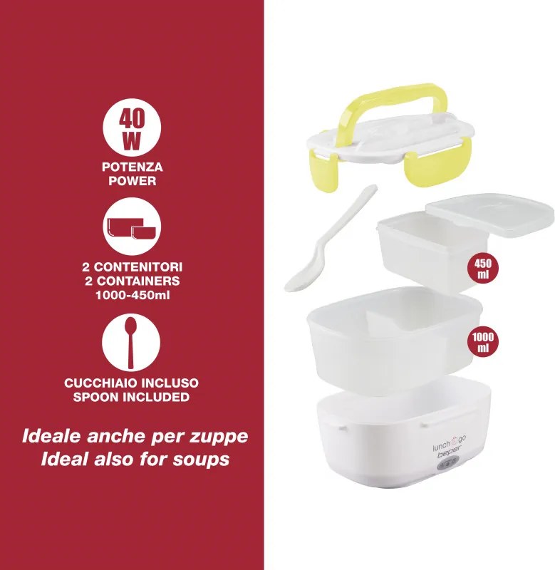 Cutie electrica pentru pranz Beper 90.920G, 40 W, 1 litru, Pana la 60°C, 2 compartimente detasabile, Indicator luminos, Alb/Galben
