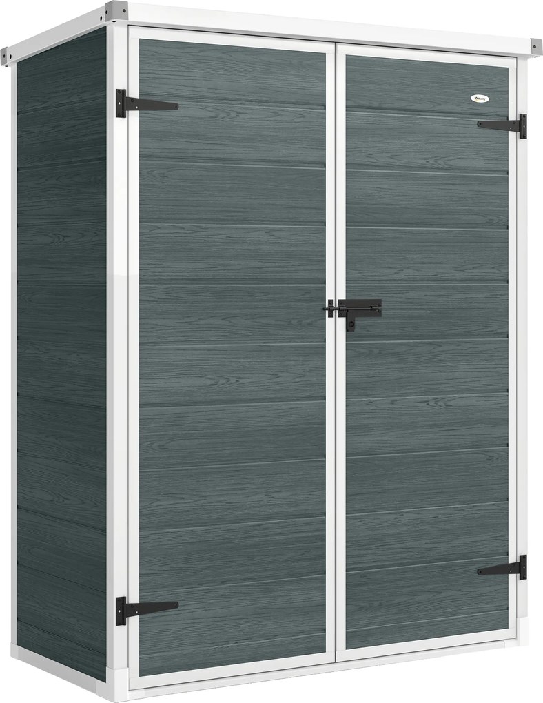Outsunny Depozit pentru unelte 0,8m², șopron pentru unelte cu rafturi pliante, 134 x 68,5 x 170 cm, din plastic cu uși duble închise cu lacăt, placă pentru podea | Aosom Romania