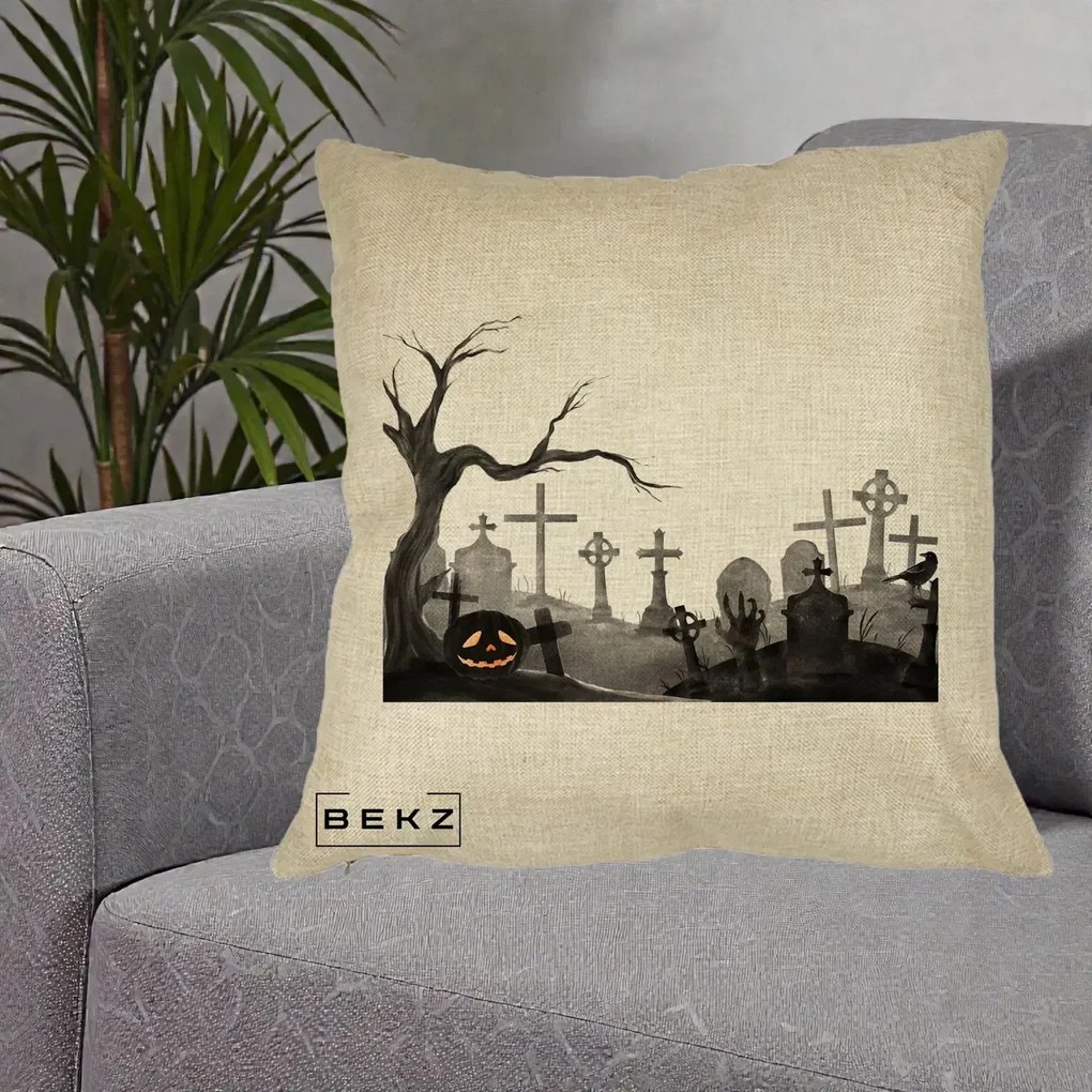 Perna Decorativa Halloween Cimitir Acuarela cu Dovleac, 40x40 cm, Crem, Husa Detasabila, Perna Inclusa, BEKZ®